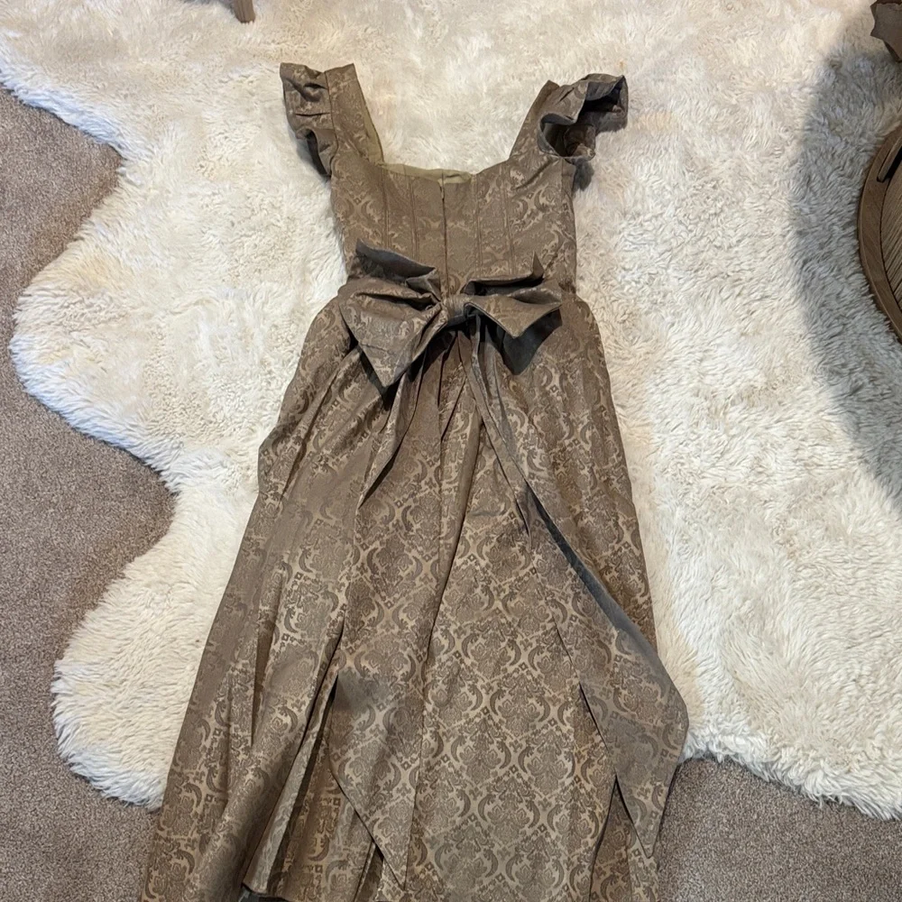 House of CB Brown Midi Dress Ruffle Sleeves xs Alessandra corset jacquard gold - Picture 12 of 12